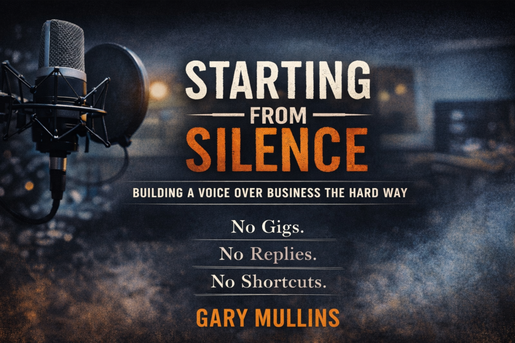 Professional voiceover studio with microphone and pop filter, featuring the title “Starting From Silence” and subtitle “Building a voiceover business the hard way” by Gary Mullins.