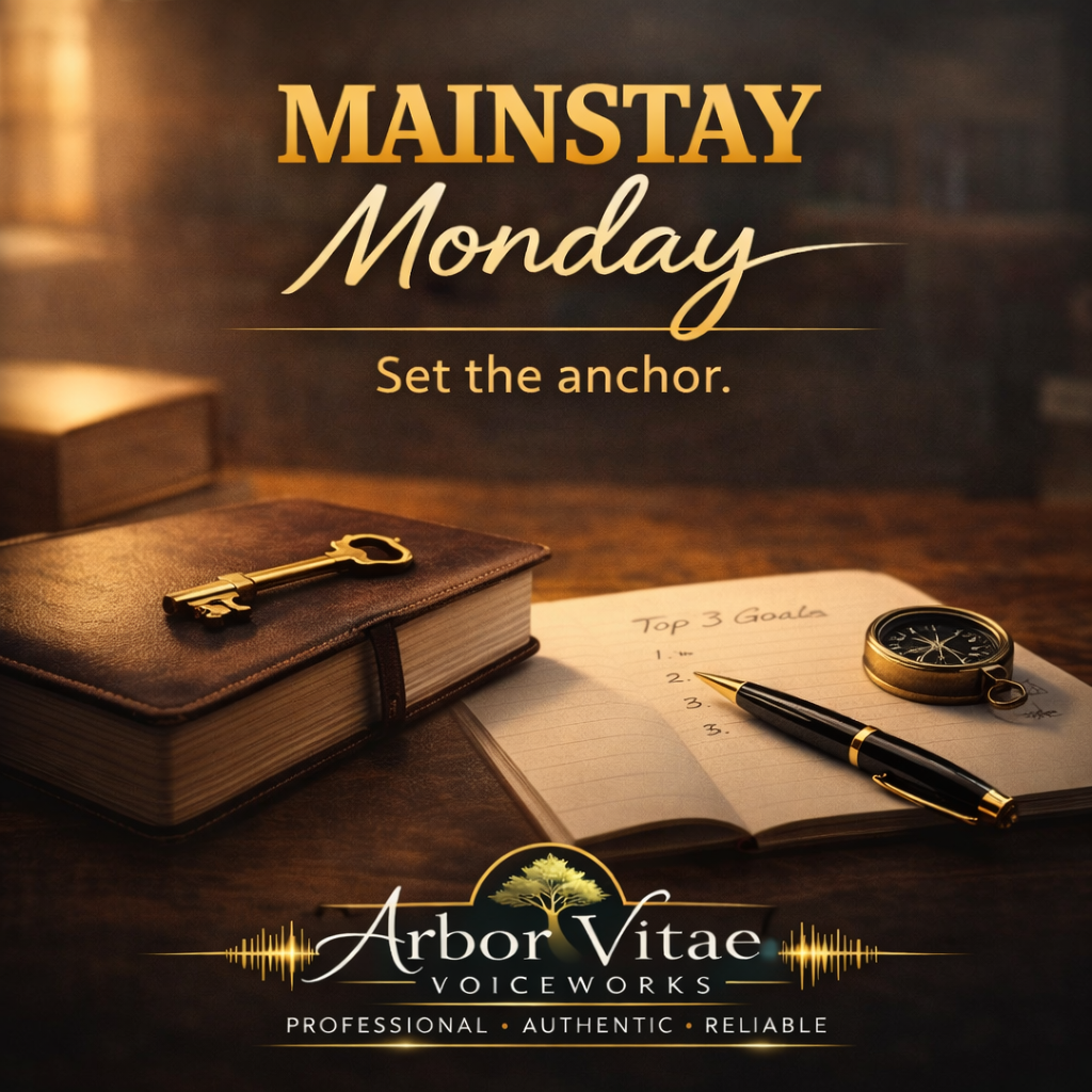 Warm, focused workspace with a leather-bound journal topped by a key, an open notebook listing “Top 3 Goals,” a pen, and a compass, overlaid with the text “Mainstay Monday – Set the anchor” and Arbor Vitae Voiceworks branding.