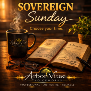 Warm, atmospheric scene of a steaming coffee mug beside an open copy of Meditations by Marcus Aurelius on a wooden table, with glasses and a pen nearby, overlaid with the text “Sovereign Sunday – Choose your time” and Arbor Vitae Voiceworks branding.