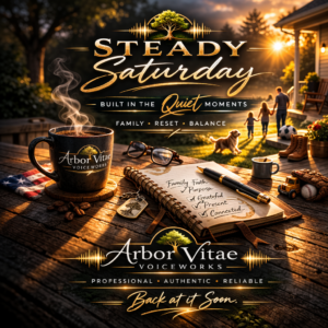 A peaceful backyard scene at sunset with a coffee mug, journal, and family in the background, representing Steady Saturday and being present in quiet moments.