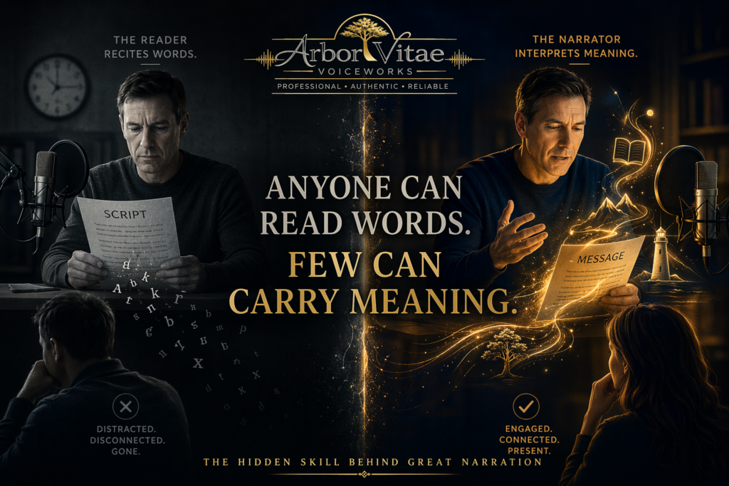 Split-screen visual showing a voice actor reading a script in a dull, gray setting on the left, contrasted with a narrator bringing a message to life in a warm, glowing environment on the right, illustrating the difference between reading words and conveying meaning.