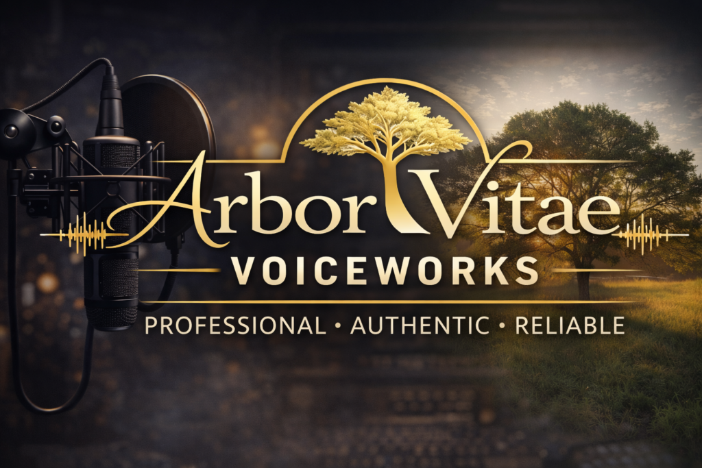 professional voiceover studio microphone and Arbor Vitae Voiceworks branding