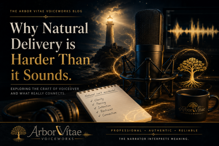 Cinematic promotional graphic for Arbor Vitae Voiceworks featuring a professional studio microphone, lighthouse, waveform display, and the headline “Why Natural Delivery Is Harder Than It Sounds” in gold typography.