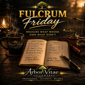 Fulcrum Friday themed image with checklist notebook, balance scale, and coffee mug, symbolizing weekly results, accountability, and reflection.