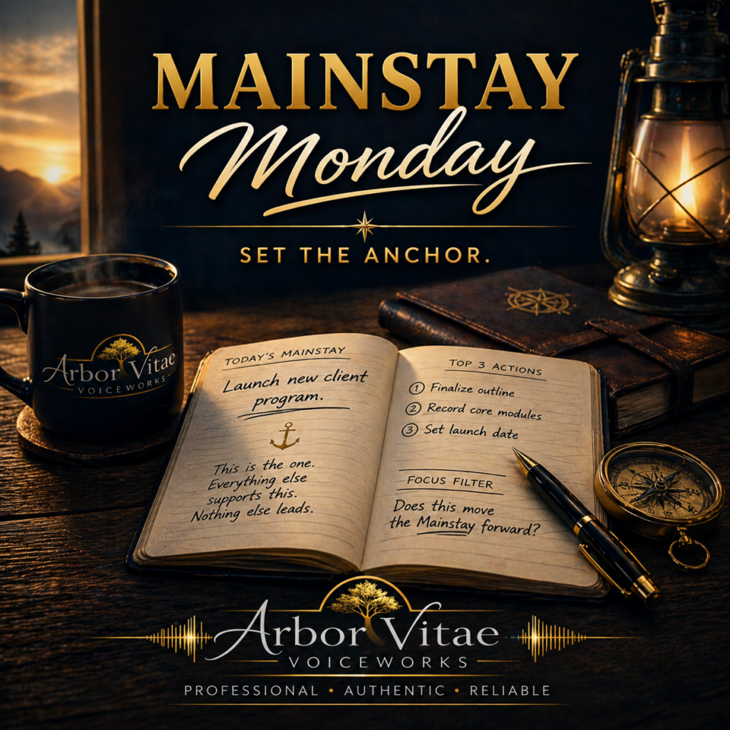 Mainstay Monday themed image with notebook showing primary goal and action steps, coffee mug, and compass, symbolizing focus, priority setting, and disciplined execution.