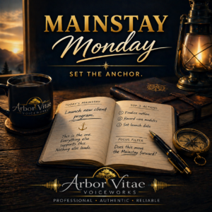 Mainstay Monday themed image with notebook showing primary goal and action steps, coffee mug, and compass, symbolizing focus, priority setting, and disciplined execution.