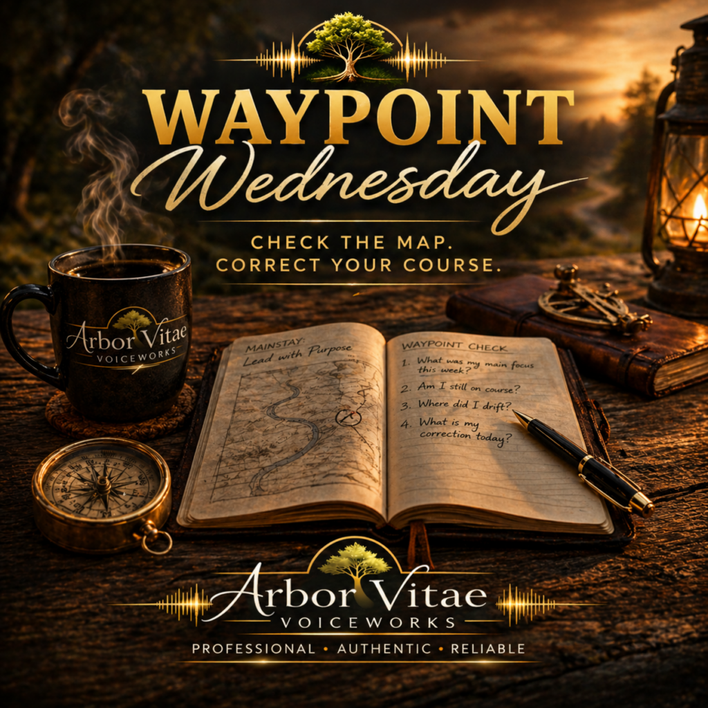 Waypoint Wednesday themed image with a compass, map notebook, and coffee mug at sunset, symbolizing midweek reflection and course correction.
