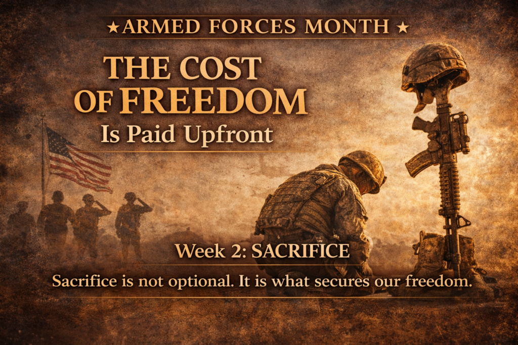 A sepia-toned Armed Forces Month graphic showing a kneeling soldier beside a battlefield cross and rifle beneath the title “The Cost of Freedom Is Paid Upfront,” symbolizing military sacrifice and remembrance.