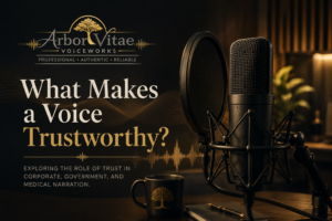 Professional promotional graphic for Arbor Vitae Voiceworks featuring a studio microphone, pop filter, warm recording booth lighting, and the title “What Makes a Voice Trustworthy?”