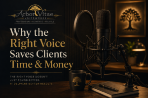 Professional voiceover microphone in a warmly lit recording studio representing how the right voice talent improves project efficiency, reduces revisions, and delivers better results for clients.